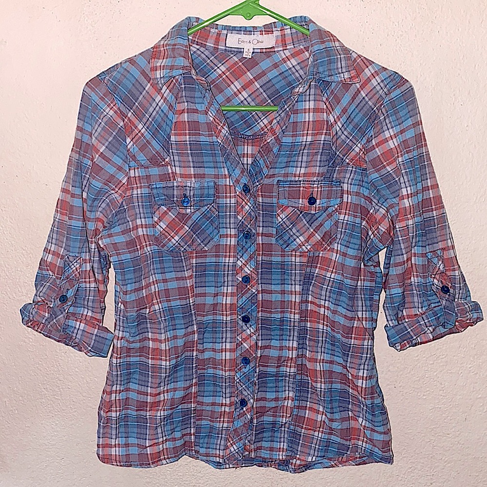 Anthropologie Blue and Red Plaid Button-Down Shirt